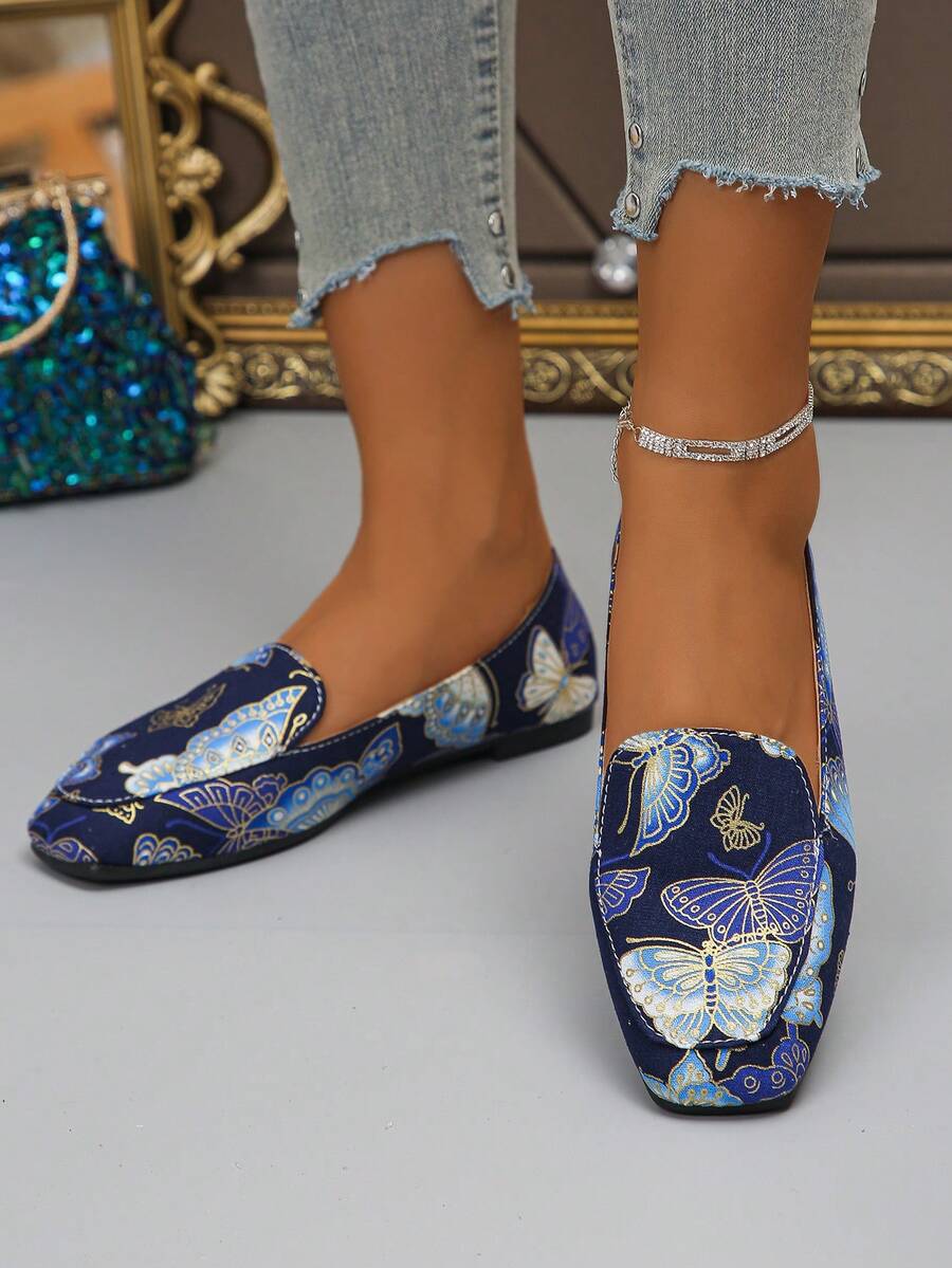 Giày lười mũi vuông đế bằng mùa xuân thu mới giản dị cỡ lớn, giày lười trang trí nhẹ thoải mái cho nữ đi ngoài trời, cỡ 36-43 - Màu xanh lam - Xem 1