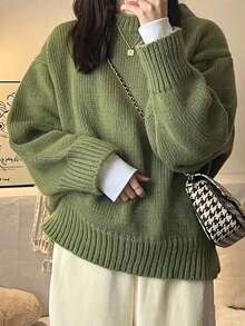 Women's Simple Solid Color Crew Neck Casual Long Sleeve Knit Sweater - Green - View 1
