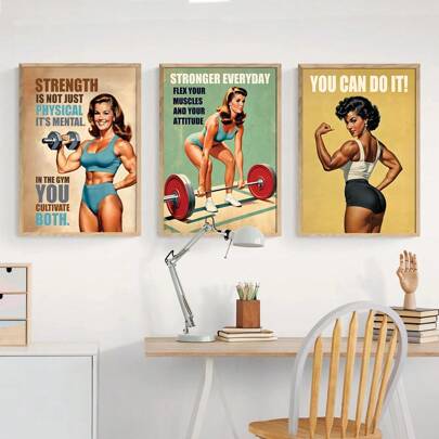 Set Of 3 Unframed Gym Fitness Art Poster Aesthetics Retro Bobybuilding Women Motivational Quote Funky Painting Canvas Print Wall Picture Ideal Gift For Dorm,Apartment,Living Room,Bedroom,Home Decoration