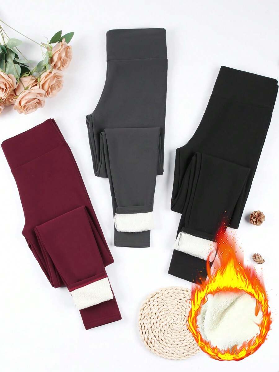 3件套女士高腰保暖加厚打底裤，冬季紧身裤 - 彩色 - 查看 1