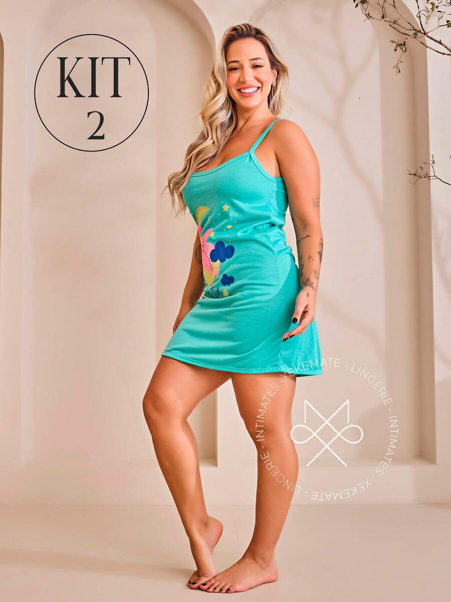 Kit With 2 Summer Strappy Nightgowns In Fresh PV Mesh Nightwear Pajamas - Multicolor - View 1