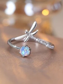 Vanel 1pc Fashionable Cute Dragonfly Round White Faux Opal Decorative Ring, Minimalist & Suitable For Women's Daily Wear