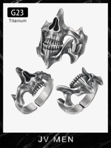 1 件钛钢戒指男士嘻哈朋克戒指，千叶骷髅鬼脸二合一泰银组合戒指，适合派对、日常佩戴 - 骷髏鬼面戒指 - 查看 12