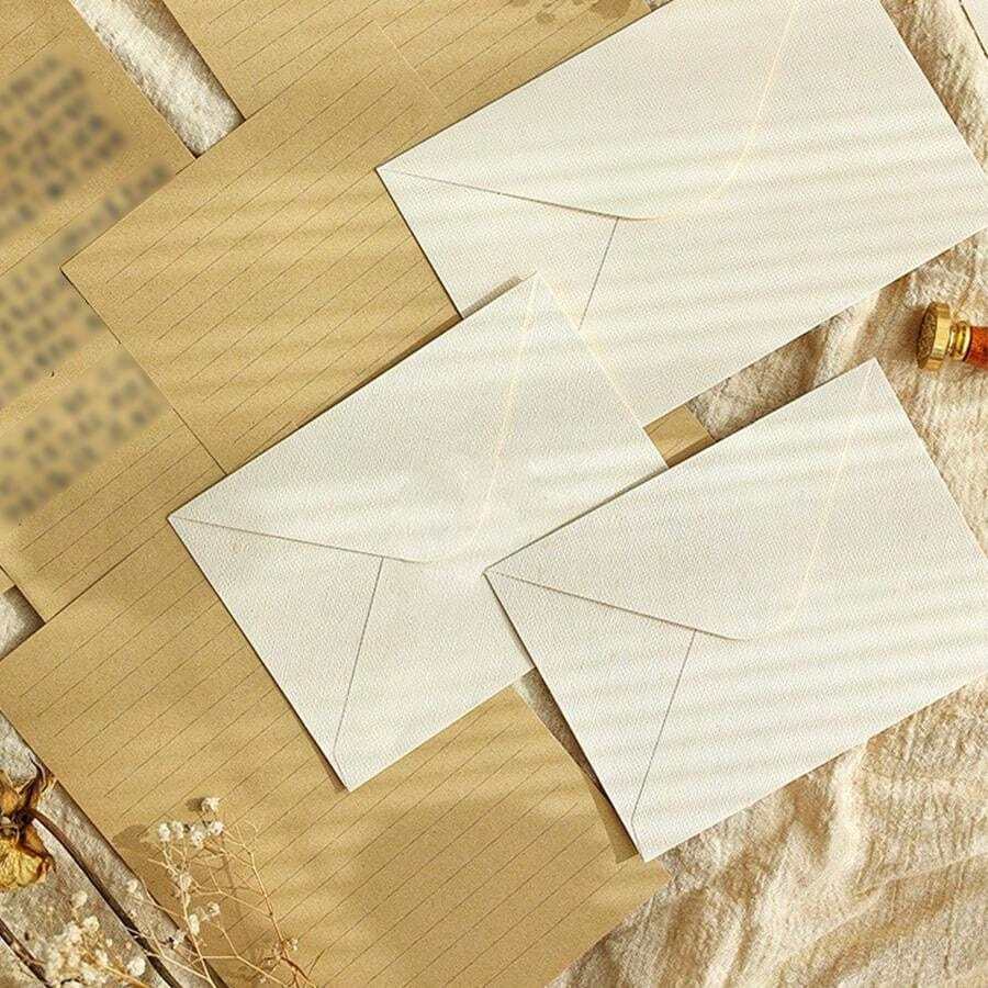 10 cái/gói Lanh Kết cấu Phong bì , Phong cách Vintage Da bò Dày Giấy Lời mời Phong bì , DIY Thẻ Lưu trữ , Viết tay Lá thư In Phong bì - trắng - Xem 1