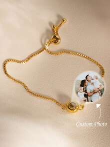 1 件投影照片盒链手链，简约情侣个性化照片链声明定制家庭宠物照片手链 - 金黃色 - 查看 1