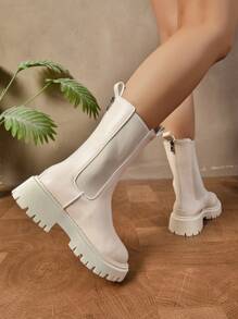 Women's Chelsea Boots, Thick Sole Mid-Calf Boots, Black Leg-Of-Mutton Style Boots For Spring And Autumn