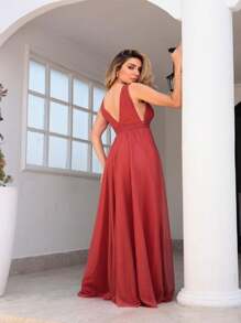 Bridesmaid Dress With A Marked Waist Or Debutante, Long, Shiny Tank Top, Lilac, Olive Green, Terracotta, Serenity Royal Blue - 亮橙色 - 查看 3