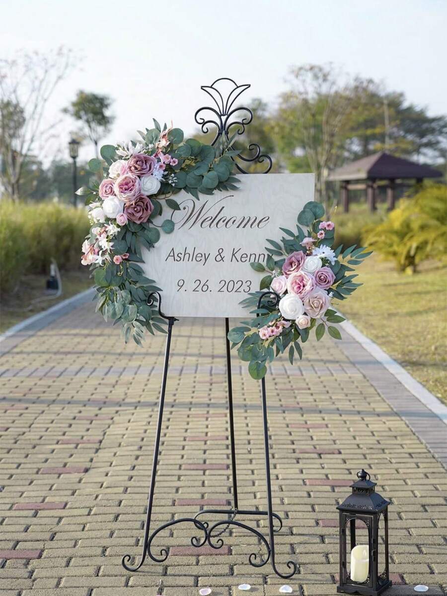 2pcs Luxury Artificial Rose Wreath Decor Set, Suitable For Wedding Arch Decoration, Holiday Party, Indoor & Outdoor Decor, Room Decoration, Sign & Banner Floral Decor