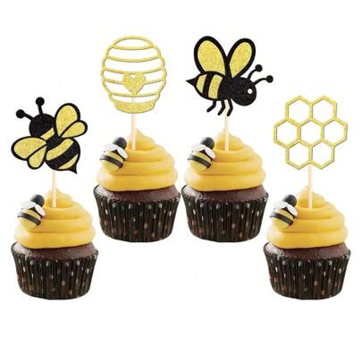12 piezas de decoraciones para cupcakes con toppers de abeja brillante, palillos con panal para revelación de género, decoraciones para fiesta de cumpleaños, regreso a clases, Día de San Valentín