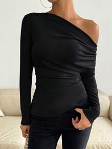 纯色不对称肩女式长袖 T 恤休闲汗衫上衣，畅销品