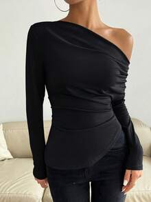 纯色不对称肩女式长袖 T 恤休闲汗衫上衣，畅销品