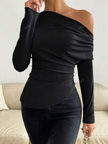 Camiseta de manga larga asimétrica de hombro casual para mujer, camiseta básica, best seller
