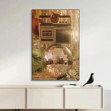 1 peça, pôster de tela de mulher com bola de discoteca vintage, arte luxuosa de bola de espelho, estética moderna e divertida, estilo nórdico, decoração de sala de casa, arte de parede, presente ideal para quarto, sala de estar, corredor, arte de parede, decoração de parede, sem moldura