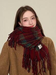 1pc Women Classic Red Plaid Scarf Shawl With Tassels, Comfortable Polyester Windproof Fashion Scarf Shawl For Ladies Winter Fall - Three-line Red Grid - View 3