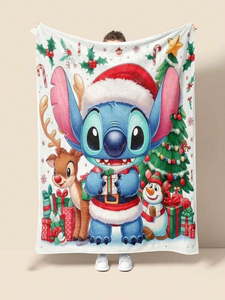 POTDEMIEL Festive Cartoon Stitch Christmas Blanket Soft Polyester