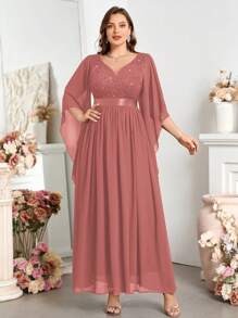 Voworia 深 V 领撞色亮片蕾丝蝴蝶袖雪纺舞会长裙 - 藕粉色 - 查看 4