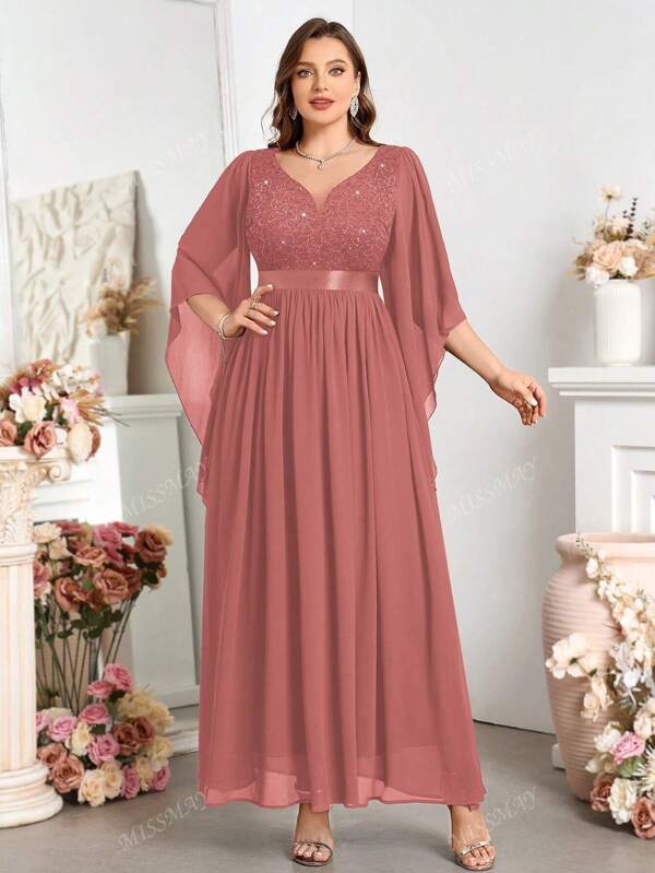 Plus Deep V Neck Contrast Sequin Lace Butterfly Sleeve Chiffon Prom Long Dress