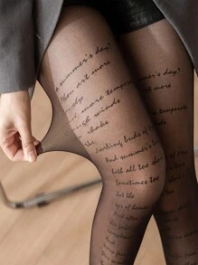 1件字母印花连裤袜，时尚紧身裤，性感黑色连裤袜 - 黑色 - 查看 3