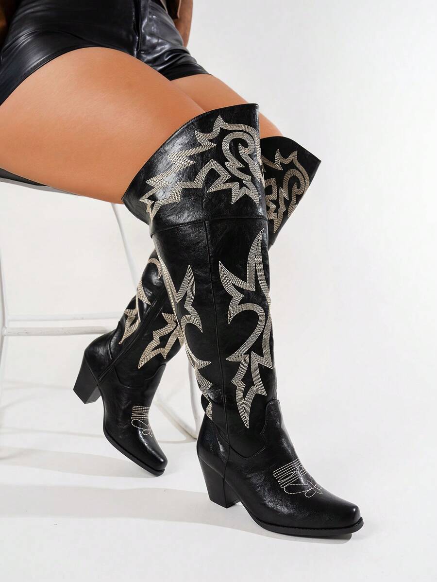 Wide Fit Floral Embroidery Pointed Toe Thigh High Boots With Zipper Closure, Plus Size