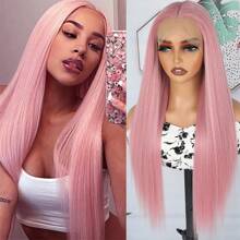 Glorious Baby Pink Synthetic Lace Front Wigs 26 Inch Pre Plucked Long Straight Hair Wigs Glueless Light Pink Colored Wigs Heat Resistant Fiber Hair Long Pink Straight Lace Front Wigs For Fashion Women - 粉色 - 查看 3