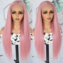 Glorious Baby Pink Synthetic Lace Front Wigs 26 Inch Pre Plucked Long Straight Hair Wigs Glueless Light Pink Colored Wigs Heat Resistant Fiber Hair Long Pink Straight Lace Front Wigs For Fashion Women - 粉色 - 查看 5