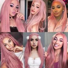 Glorious Baby Pink Synthetic Lace Front Wigs 26 Inch Pre Plucked Long Straight Hair Wigs Glueless Light Pink Colored Wigs Heat Resistant Fiber Hair Long Pink Straight Lace Front Wigs For Fashion Women - 粉色 - 查看 10