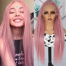 Glorious Baby Pink Synthetic Lace Front Wigs 26 Inch Pre Plucked Long Straight Hair Wigs Glueless Light Pink Colored Wigs Heat Resistant Fiber Hair Long Pink Straight Lace Front Wigs For Fashion Women - 粉色 - 查看 2