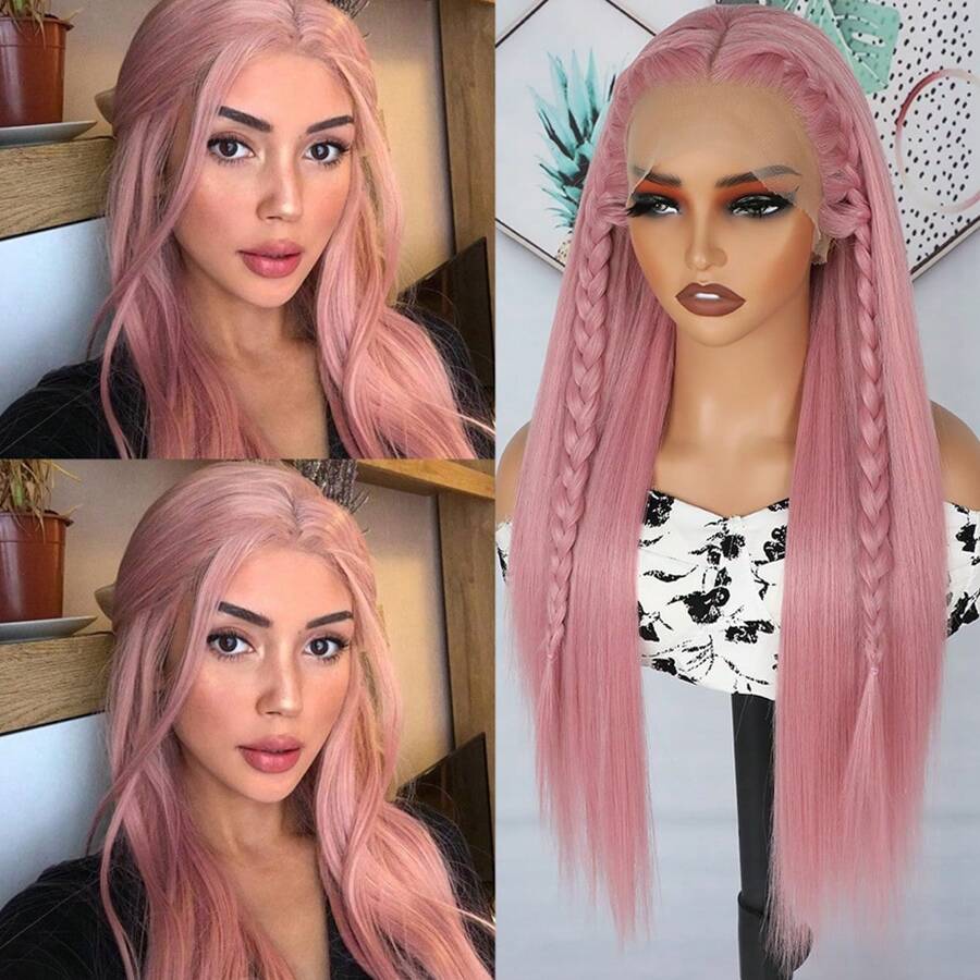 Glorious Baby Pink Synthetic Lace Front Wigs 26 Inch Pre Plucked Long Straight Hair Wigs Glueless Light Pink Colored Wigs Heat Resistant Fiber Hair Long Pink Straight Lace Front Wigs For Fashion Women - 粉色 - 查看 1