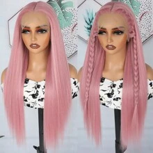 Glorious Baby Pink Synthetic Lace Front Wigs 26 Inch Pre Plucked Long Straight Hair Wigs Glueless Light Pink Colored Wigs Heat Resistant Fiber Hair Long Pink Straight Lace Front Wigs For Fashion Women - 粉色 - 查看 6