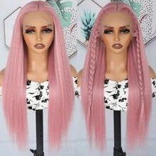 Glorious Baby Pink Synthetic Lace Front Wigs 26 Inch Pre Plucked Long Straight Hair Wigs Glueless Light Pink Colored Wigs Heat Resistant Fiber Hair Long Pink Straight Lace Front Wigs For Fashion Women - 粉色 - 查看 4