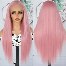 Glorious Baby Pink Synthetic Lace Front Wigs 26 Inch Pre Plucked Long Straight Hair Wigs Glueless Light Pink Colored Wigs Heat Resistant Fiber Hair Long Pink Straight Lace Front Wigs For Fashion Women - 粉色 - 查看 8