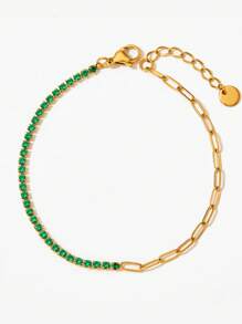 Zirconia Semi-Sphere Chain Bracelet, Stainless Steel Bracelet, Women's Colorful Gemstone Delicate Minimalist Stainless Steel Jewelry