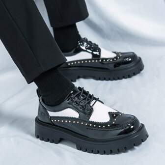 Men Brogue Style Color Block Leather Oxford Shoes, Thick Sole Moccasin, Lacuqer Leather Lace-Up, Business/Formal/Casual Dress Shoes