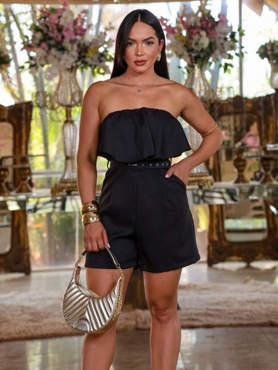 Premium Tailored Jumpsuit With Fringe And Elegant Belt Spring/Summer Fashion - Hitam - View 1