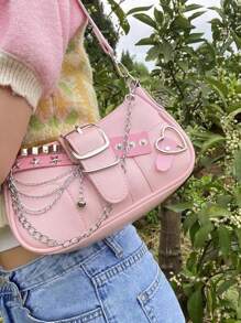 Y2K Fashionable Versatile Star & Moon Design Unique Silver Millennium Shoulder Chain Crossbody Bag, Perfect For Streetwear, Parties, And Gifts. Starry Print Women Handbag, Y2K Style Bag, 2000s Fashion, Goth Punk Style , Punk - Pink - View 4