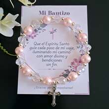 Adjustable Baptism Bracelets Souvenir Pink Pearl And Crystal Pack Of 10 Pieces With Cellophane Bag