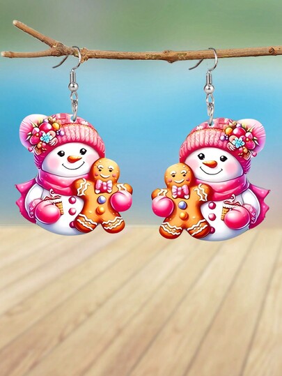 1 Pair Pink Christmas Snowman Cookie Man Acrylic Earrings For Women Fashion Earrings Christmas Earrings Festive Earrings Holiday Party Jewelry Accessories Gifts Christmas Gifts