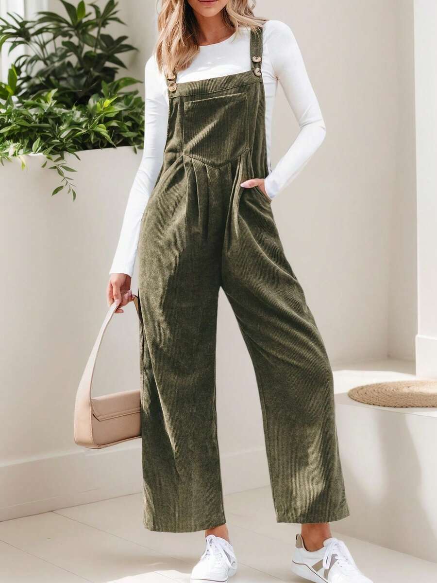 Spodnie ogrodniczki z plisami i kieszeniami z prostymi nogawkami, z materiału Corduroy