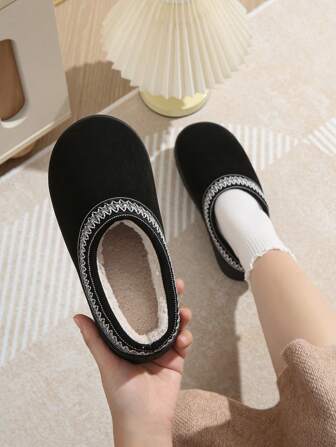 Women's Faux Suede Fluffy Slippers, Thick Sole Closed Toe Slippers, Winter Fashion Outdoor Snow Shoes, Slip-On Mules With TPR Anti-Slip Outsole For Indoor And Outdoor