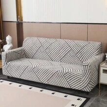 1pc Striped Elastic Sofa Cover, Modern Style Polyester Fiber Minimalist Sofa Protector, Home Decor, 4 Seasons Use - Grey - View 1