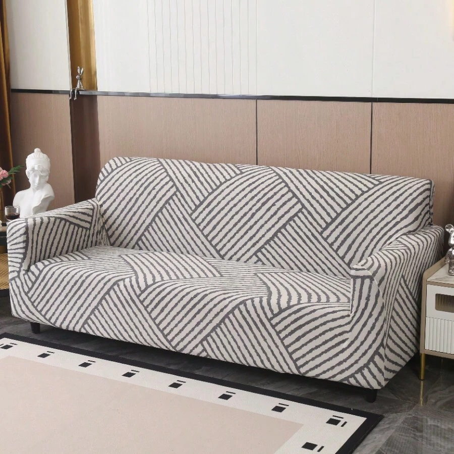 1pc Striped Elastic Sofa Cover, Modern Style Polyester Fiber Minimalist Sofa Protector, Home Decor, 4 Seasons Use - Grey - View 1