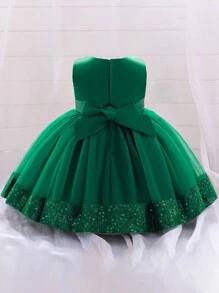 女婴纯色薄纱蝴蝶结下摆亮片蓬蓬裙派对公主裙，适合花童、婚礼、宴会等场合，不含头饰 - 墨綠色 - 查看 2