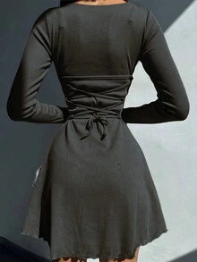 Women's Solid Color Round Neck Ruffle Hem Fitted Mini Dress, Women's Autumn Dress, Back To School Outfit, Y2K 2000s Style, Casual Dress For Outings, Halloween Costume - Dark Grey - View 4