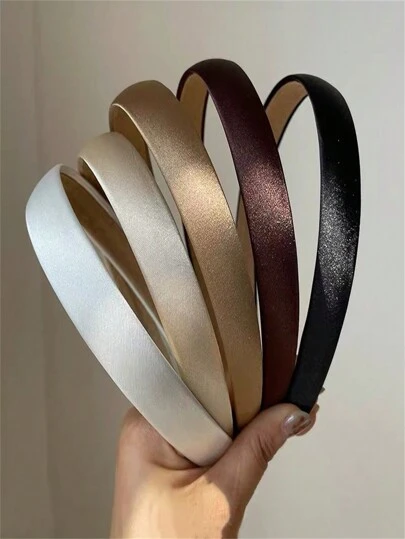 女士复古柔软顺滑纯色缎面发带，白色/棕色/黑色，时尚百搭的日常发饰，适合洗脸、化妆和搭配服装，可作发带、发圈、化妆发带、头饰发箍等。