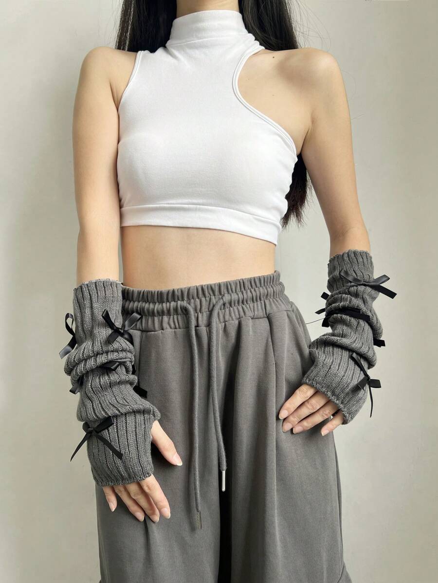 1 Cặp găng tay len giữ ấm cho nữ, phù hợp với trang phục thể thao, yoga, thời trang hợp thời trang Y2K, găng tay không ngón phong cách múa ba lê, tay áo len cho phong cách đại học và thẩm mỹ Gothic - Xám - Xem 1