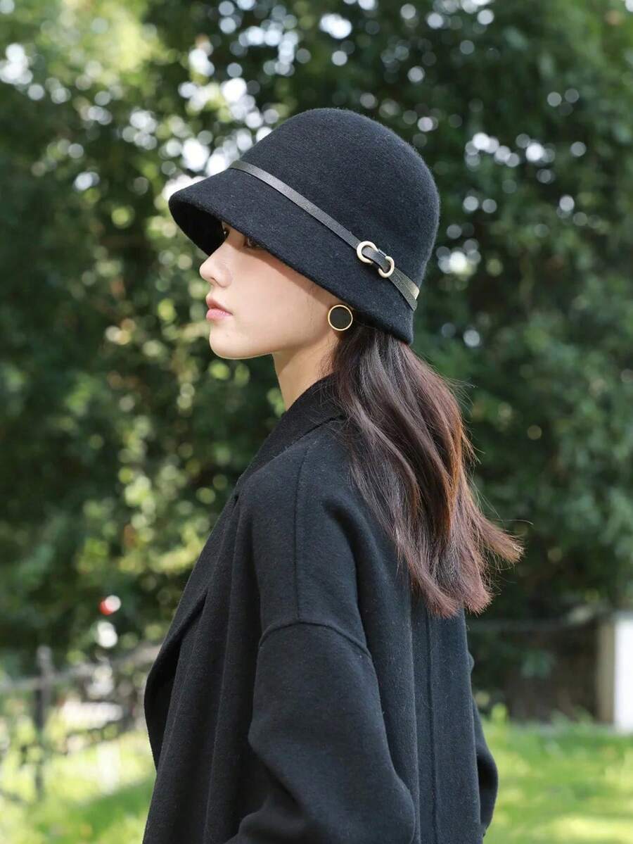 1 件女士复古优雅羊毛混纺针织渔夫渔夫帽，配皮带扣，适合日常佩戴、周末聚会、送给女朋友的礼物、圣诞节礼物 - 黑色 - 查看 1