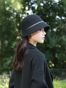 1 件女士复古优雅羊毛混纺针织渔夫渔夫帽，配皮带扣，适合日常佩戴、周末聚会、送给女朋友的礼物、圣诞节礼物 - 黑色 - 查看 2