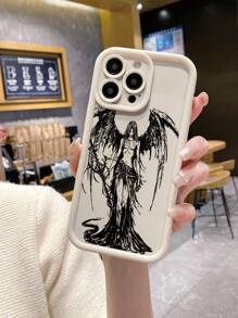 1pc Angel Devil Pattern Fingerprint Resistant Matte Frosted Anti-Scratch Phone Case Compatible With Apple//Redmi/OPPO/Realme/Infinix - Beige - View 5