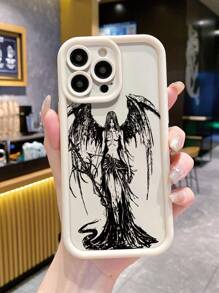 1pc Angel Devil Pattern Fingerprint Resistant Matte Frosted Anti-Scratch Phone Case Compatible With Apple//Redmi/OPPO/Realme/Infinix - Beige - View 1