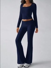 GAOVOT 女士两件套春夏 Y2K 修身性感纯色方领长袖上衣搭配微喇叭裤套装 健身休闲 - 藏蓝色 - 查看 7